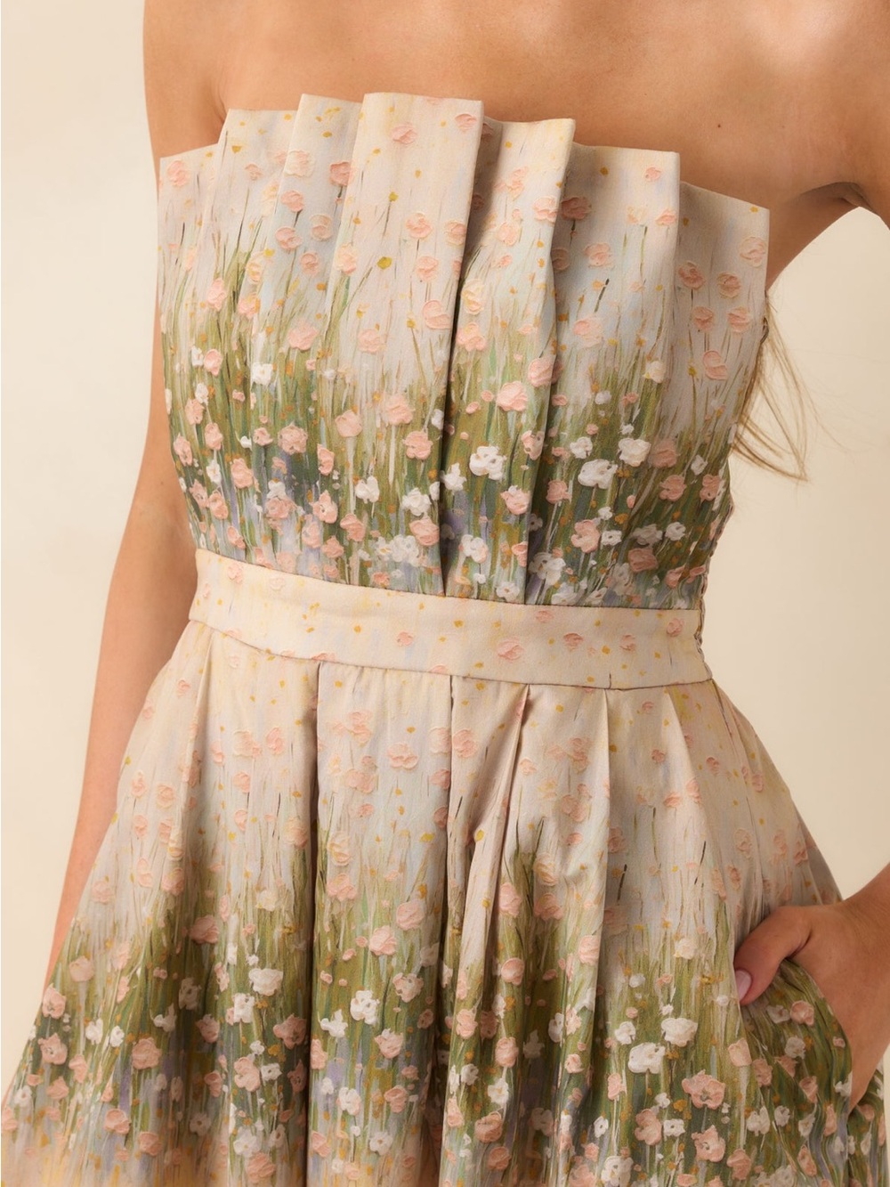 Entro Genevieve Beige Floral Strapless Midi Dress - Picture 3 of 10
